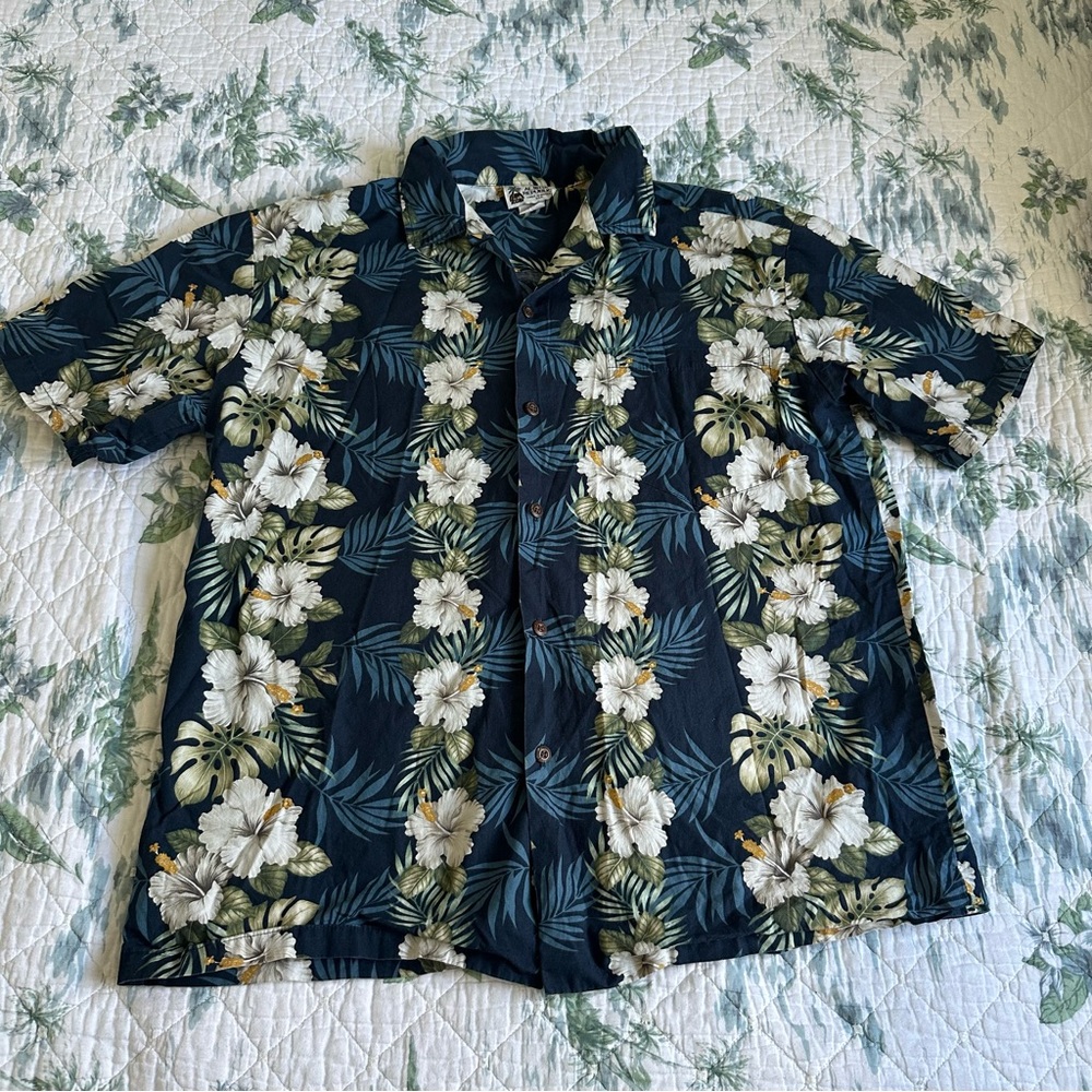 Aloha Republic Vintage Hawaiian Shirt L White Hibiscus Black
